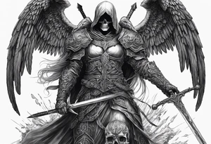 realistic angel of death, full body, no face visible, holding a sword in both hands, the sword is pointing downwards, skulls lie on the ground tattoo idea