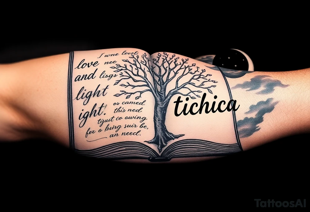 I want an open book and scripted on the left side of the pages and love and light blessed be on the right side of the pages the name tichica with the tree of life growing through the pages music notes dancing around it a crescent moon on the right side with a starry night background and dark clouds tattoo idea