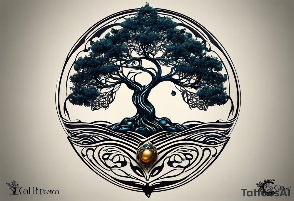 A tattoo design that incorporates the following elements: an abstract tree of life that has roots emerging  from the ground. Waves of water encapsulate the tree and wind around it in an organic way.  Incorporate music.   the letters U and A are overlapping and engraved into the tree. a golf ball incorporated but not prominent. tattoo idea