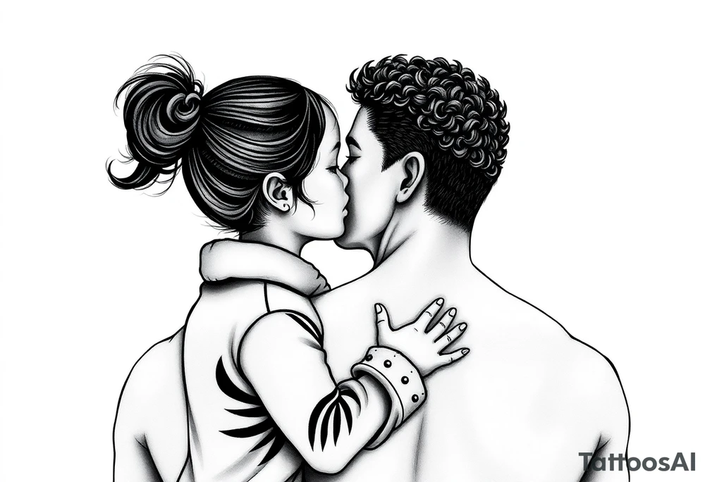 an eskimo kiss between a little girl with a curly ponytail and a dad with short curly hair - just the outline tattoo idea