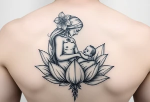 Mère assise en lotus qui allaite son bébé, la mère à une fleur de lys sur la tête et des racines d’arbre de vie tattoo idea