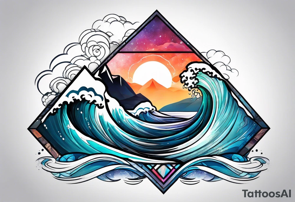 Mountains and big ocean waves  crashing diamond shape half and half tattoo idea