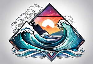 Mountains and big ocean waves  crashing diamond shape half and half tattoo idea