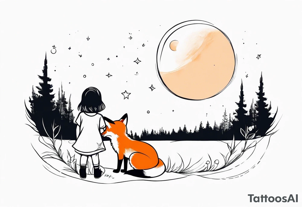 A little girl and a fox looking at the moon, we see them from behind tattoo idea