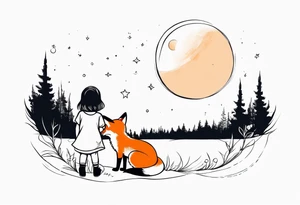 A little girl and a fox looking at the moon, we see them from behind tattoo idea