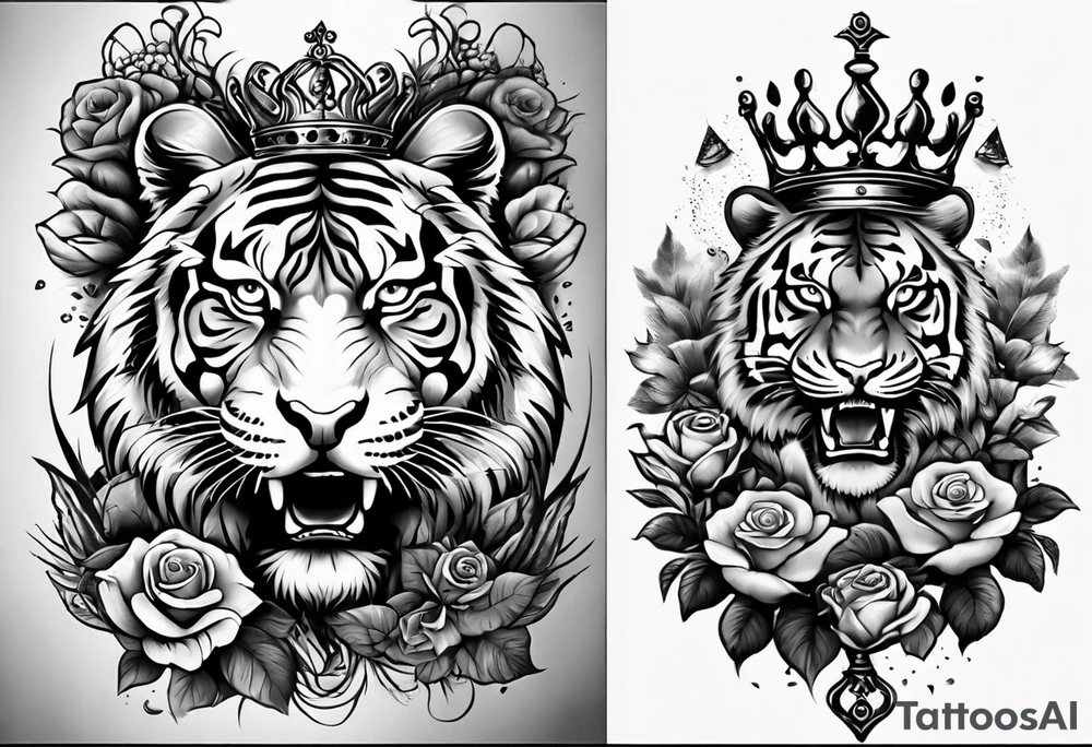 Full right arm sleeve  tiger with a crown and third eye with a hour glass instead the hourglass brain cover in in clouds and a heart cover in grass and roots with roses and smoke all over the arm tattoo idea