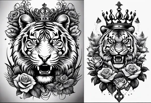 Full right arm sleeve  tiger with a crown and third eye with a hour glass instead the hourglass brain cover in in clouds and a heart cover in grass and roots with roses and smoke all over the arm tattoo idea