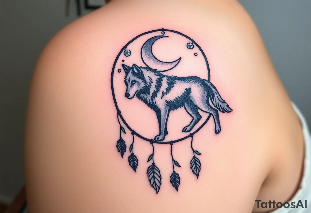 A wolf walking under a crescent moon within a dreamcatcher, surrounded by trees. The wolf is in black with white highlights, and the dreamcatcher is detailed with silver moon symbols and green leaves tattoo idea