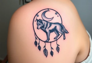 A wolf walking under a crescent moon within a dreamcatcher, surrounded by trees. The wolf is in black with white highlights, and the dreamcatcher is detailed with silver moon symbols and green leaves tattoo idea