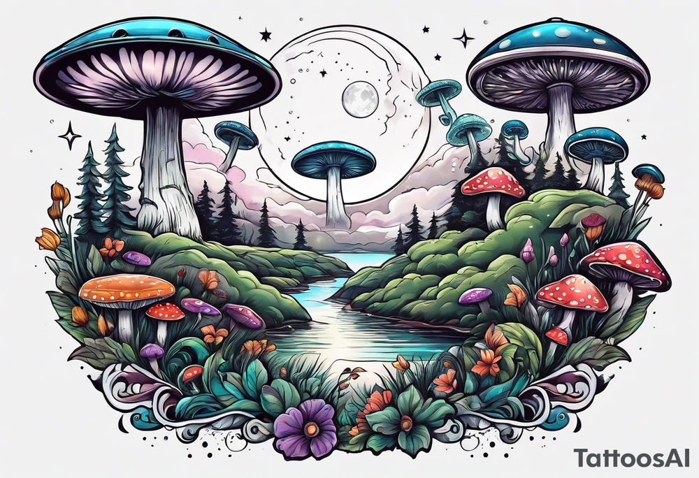 ufo in sky, mushrooms, moon, plants tattoo idea