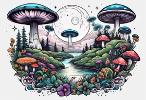 ufo in sky, mushrooms, moon, plants tattoo idea