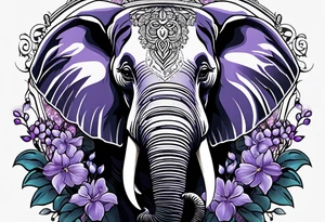 Elephant face covered in lilacs tattoo idea