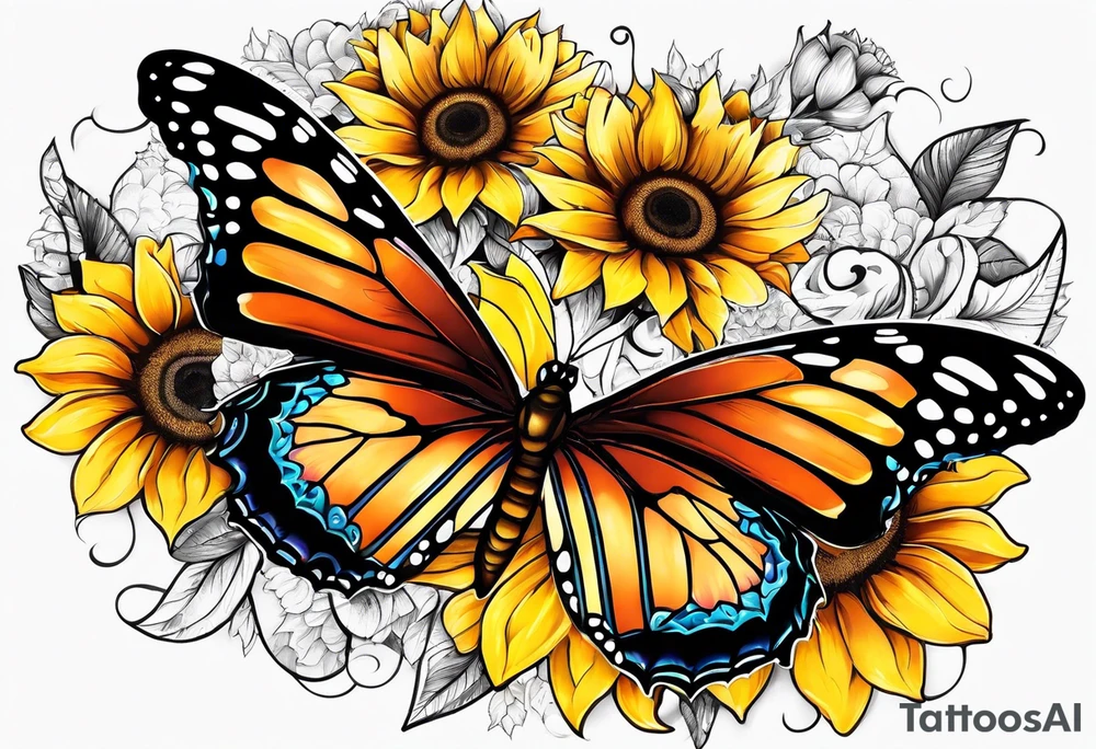Half butterfly half sunflower tattoo idea