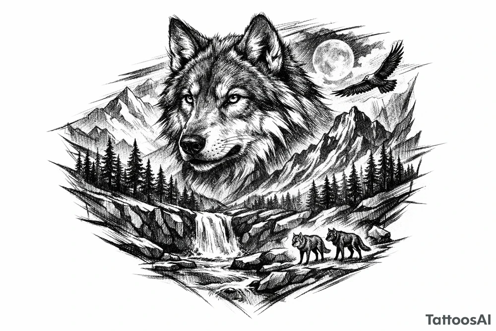 a wolf, landscape tattoo idea
