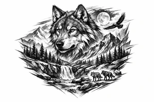 a wolf, landscape tattoo idea