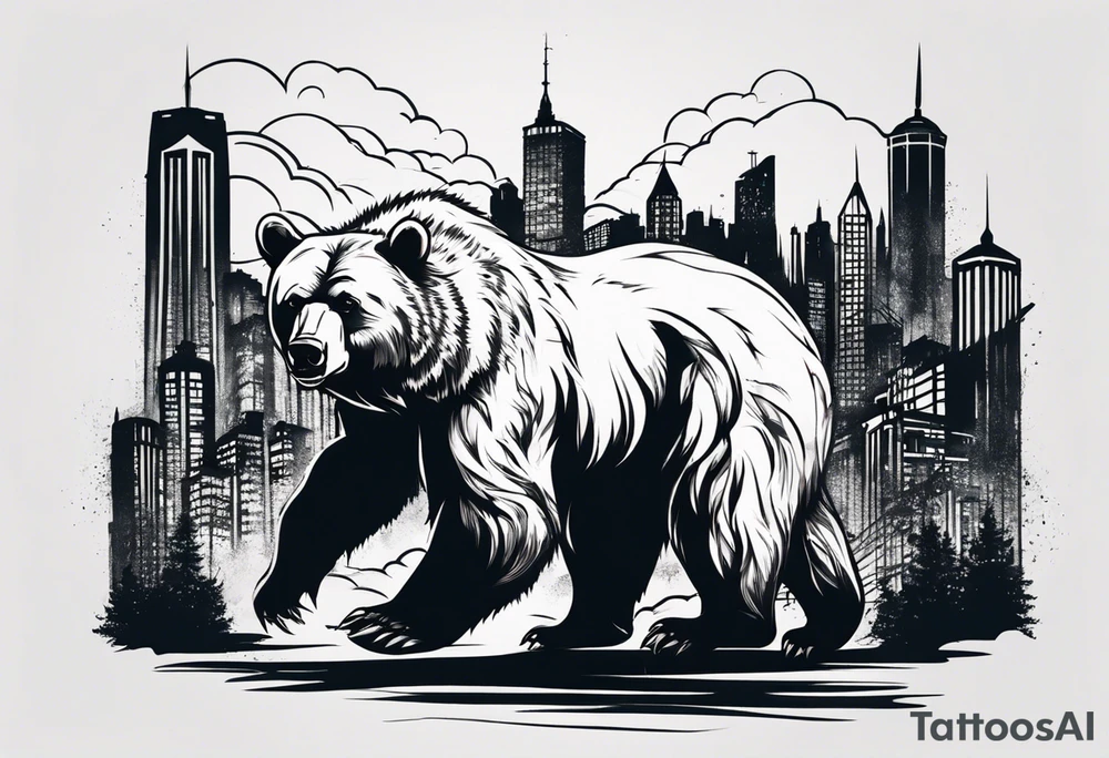 Serious bear coming up behind a city tattoo idea