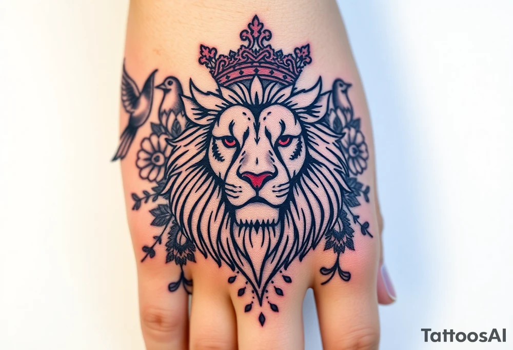 powerful majestic lion with a crown, surrounded by floral ornaments and birds tattoo idea