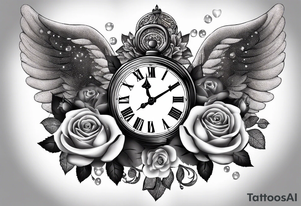 angel, roses, clock, name MARTINA tattoo idea