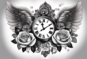 angel, roses, clock, name MARTINA tattoo idea