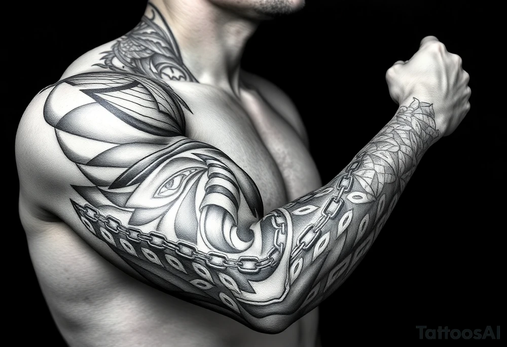 Huge shoulder tattoo of chainmail covering entire arm up to neck tattoo idea
