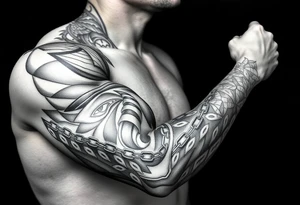Huge shoulder tattoo of chainmail covering entire arm up to neck tattoo idea