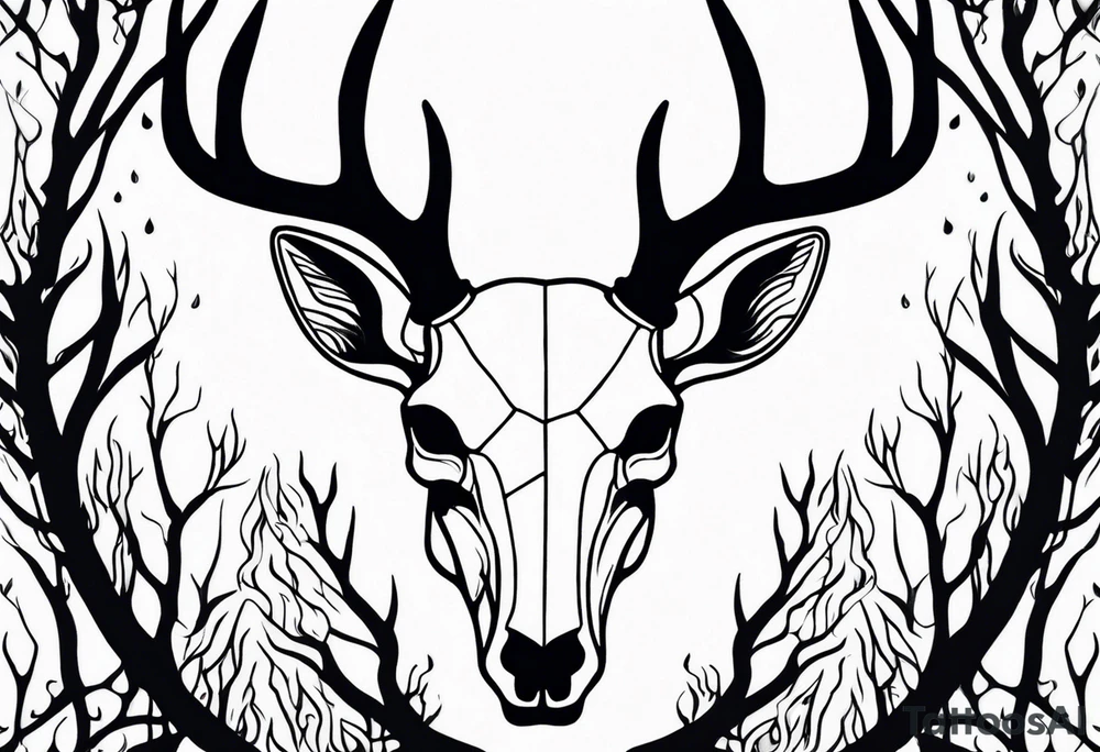side profile of a deer skull JUST BONE surrounded by a flames and trees tattoo idea