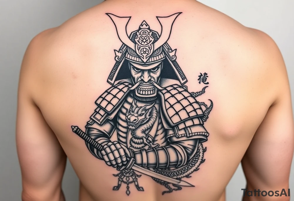 Japanese samurai warrior with armor and katana sword, fierce expression, traditional helmet, Japanese dragon wrapped around, black and grey ink tattoo style, ornamental linework, sketch-style shading, designed for forearm tattoo with full sleeve expansion tattoo idea
