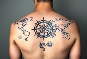antique compass rose overlaid on weathered world map with sailing ships and a snake tattoo idea