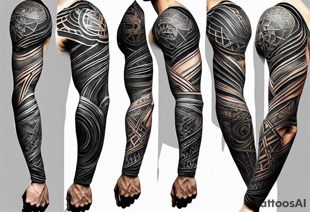 Create a full sleeve tattoo design in abstract blackout style for the right arm. The tattoo should extend from the forearm to the middle phalanges of the fingers. Incorporate a combination of thick and thin lines, alternating areas of solid black ink with sections that are empty or have less ink density. The lines should have fluid, organic shapes, creating a dynamic contrast between the dark parts and the more open areas. Ensure that the design has a natural flow that adapts to the shape of the arm and looks balanced and cohesive throughout the entire tattoo. tattoo idea