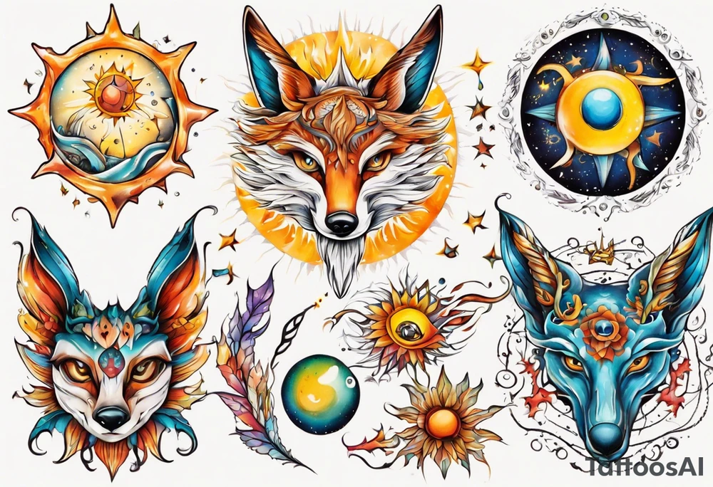 fisch, fuchs und eule , symetrie  sonne, universum, bunt tattoo idea
