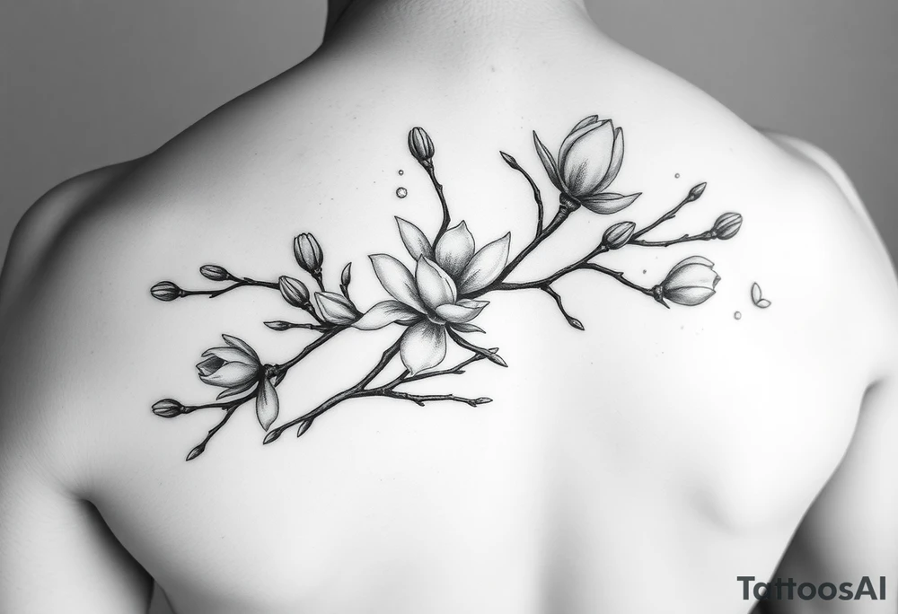 Magnolia long branches with multiple flowers, small and big, part of them opening , part are closed, black and white realistic minimalistic tattoo idea