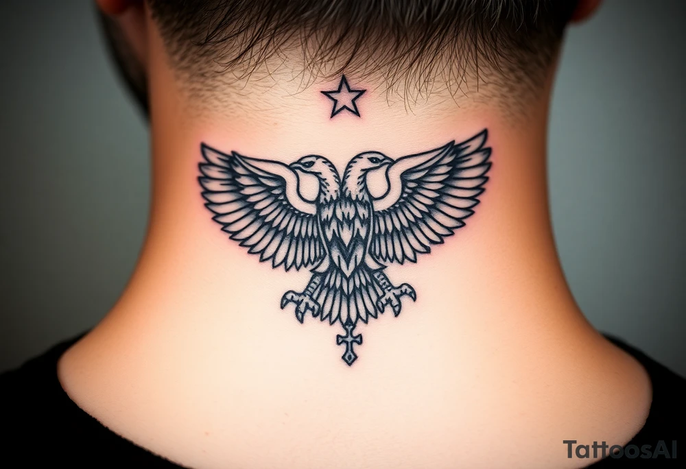 Double-headed eagle outline only (no shading) — suits neck skin which ages differently
Star above, small orthodox cross below tattoo idea