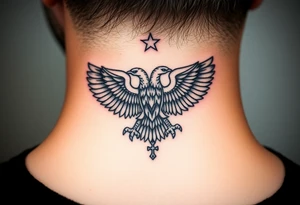 Double-headed eagle outline only (no shading) — suits neck skin which ages differently
Star above, small orthodox cross below tattoo idea