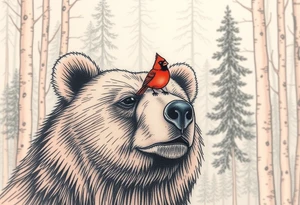 Cardinal sitting on a bear’s nose. The bear looks happy. Forest background tattoo idea