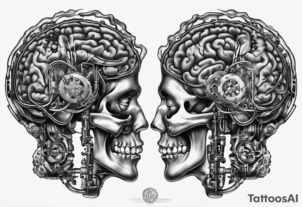 music related design of a biomechanical dissection of a brain that is on fire tattoo idea