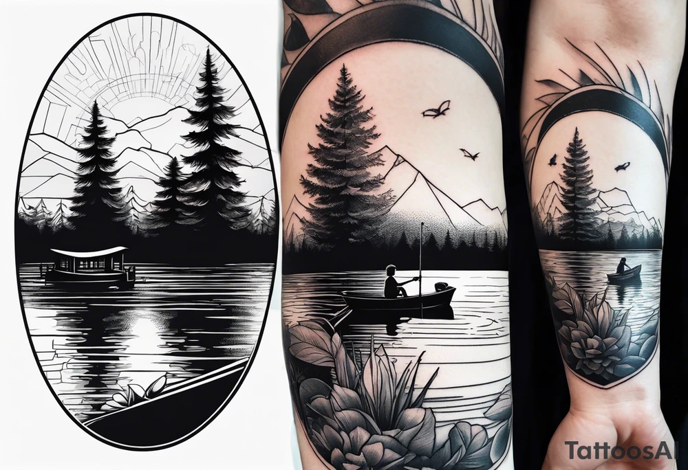 forearm tattoo set on a lake. At the bottom of the tattoo there is a boat dock with a little boy fishing and a little girl reading. There are trees surrounding the lake. tattoo idea