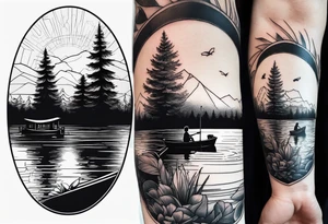 forearm tattoo set on a lake. At the bottom of the tattoo there is a boat dock with a little boy fishing and a little girl reading. There are trees surrounding the lake. tattoo idea