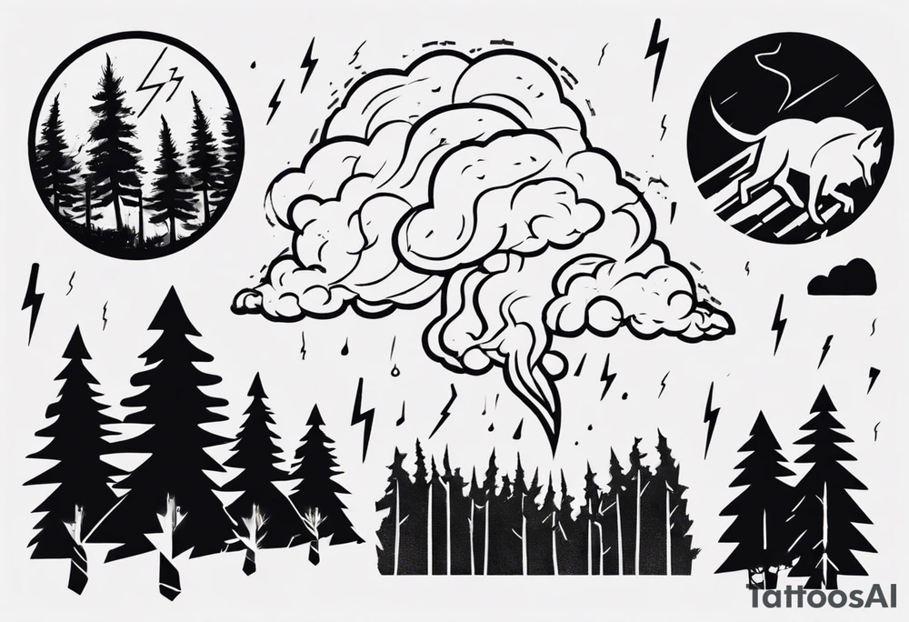 a thunder and lightning storm over a forest with a distant wolf howling and a drums tattoo idea a thunder and lightning storm over a forest with a distant wolf howling and a drums tattoo idea