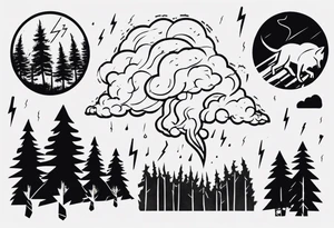 a thunder and lightning storm over a forest with a distant wolf howling and a drums tattoo idea