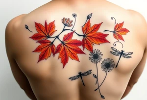 Create a vine with Maple leaves in red, orange and brown and gerbera daisies connected with thin swirly lines. Add in a dandelion wish and a dragonfly tattoo idea