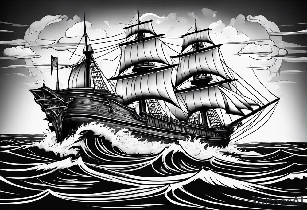 large and dark wooden ship facing left 2 dimensional tattoo idea