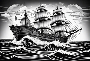 large and dark wooden ship facing left 2 dimensional tattoo idea