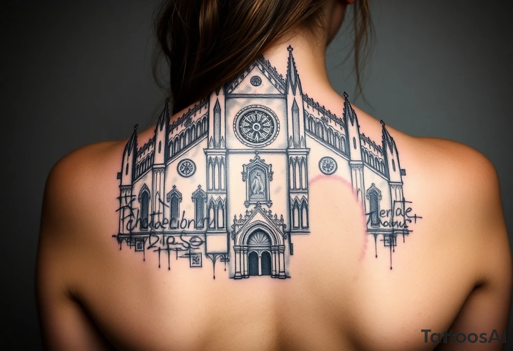 Milan Cathedral damaged and covered in graffiti, large tattoo tattoo idea