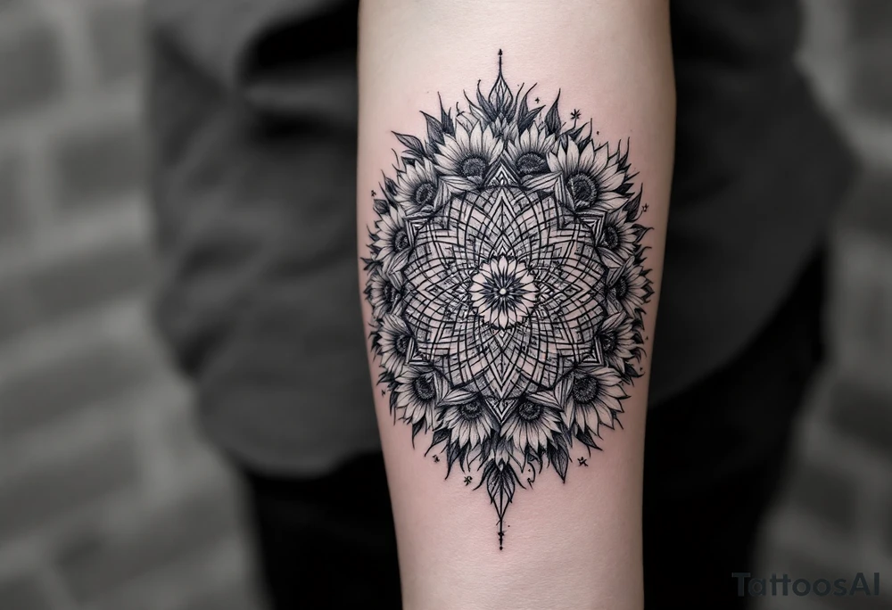 intricate mandala with sacred geometry and sunflowers tattoo idea