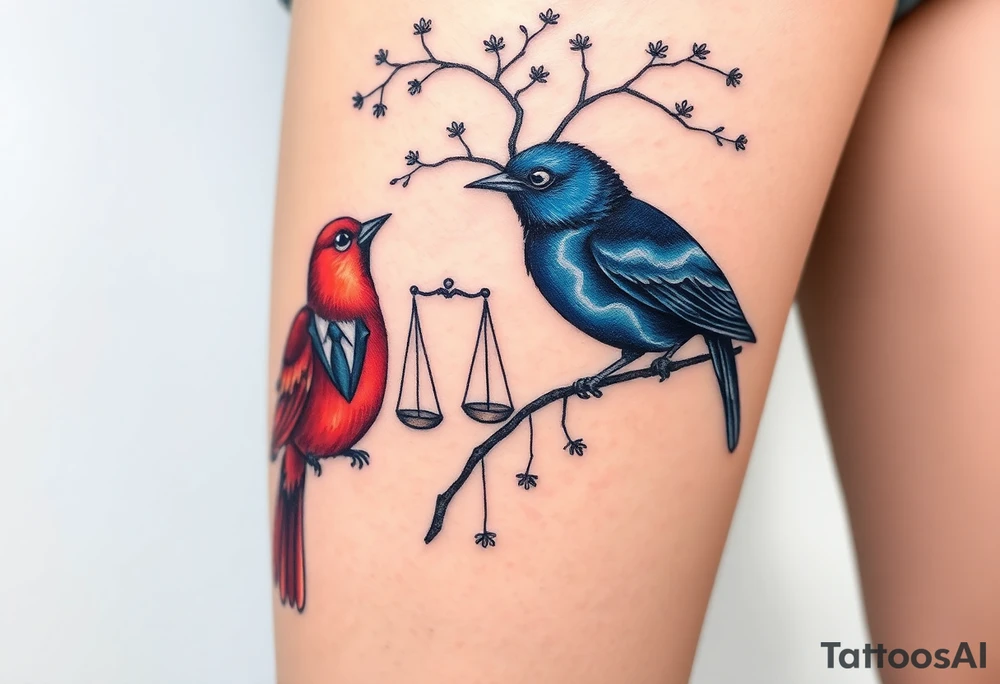 2 birds as the focus, 1 red bird in a suit, 1 navy blue bird with glasses, scales of justice in a tree, starry night painting and mountain background tattoo idea