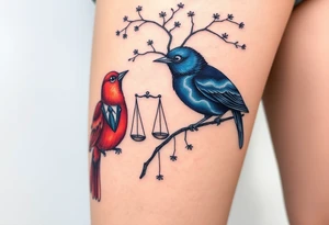 2 birds as the focus, 1 red bird in a suit, 1 navy blue bird with glasses, scales of justice in a tree, starry night painting and mountain background tattoo idea