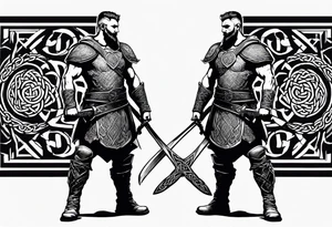 Full body side profile of
Celtic warrior with short hair, a sword in one hand and an axe in the other. tattoo idea