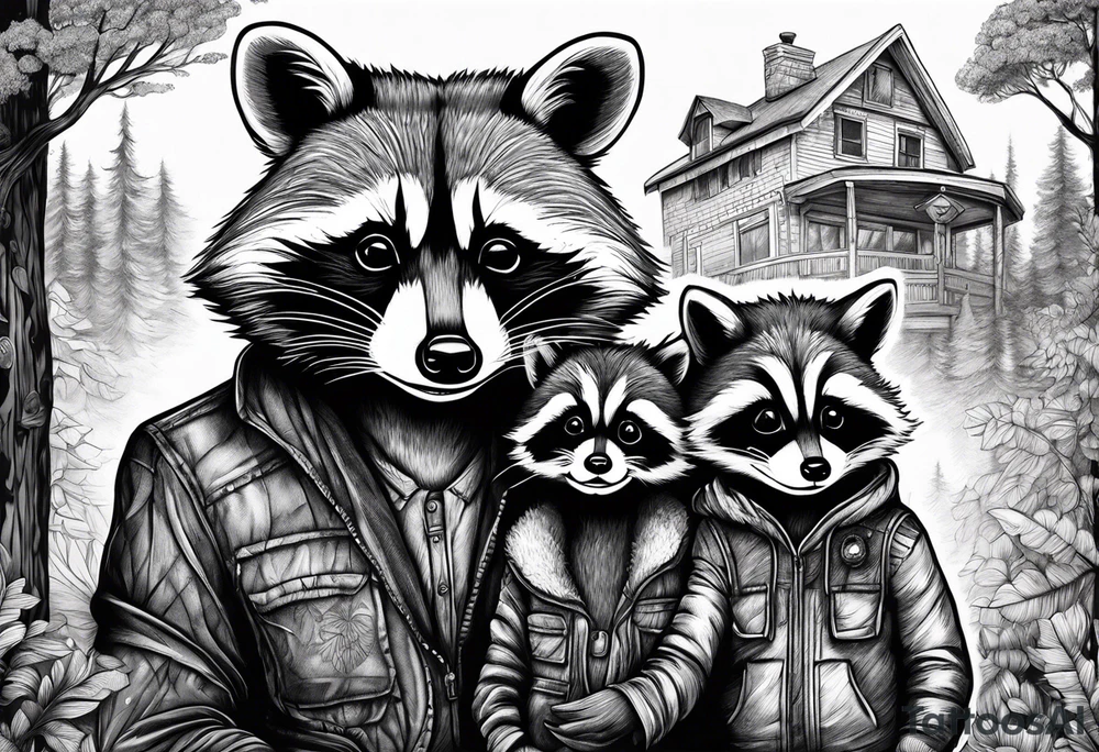 Very detailed Raccoon Husband with wife and child.
Background House and woods tattoo idea