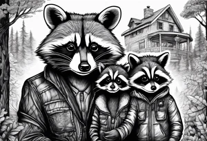 Very detailed Raccoon Husband with wife and child.
Background House and woods tattoo idea