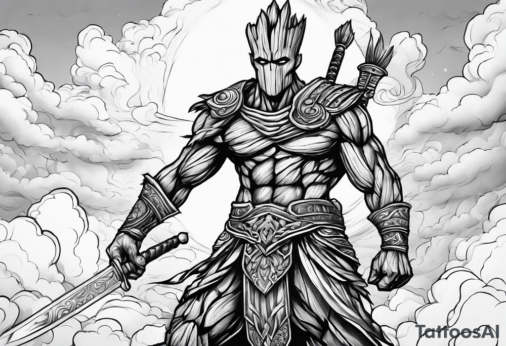 Groot greek warrior with sword, clouds behind tattoo idea